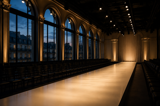 Empty Paris fashion runway at blue hour representing the SS27 Dior, Chanel and Louis Vuitton schedule