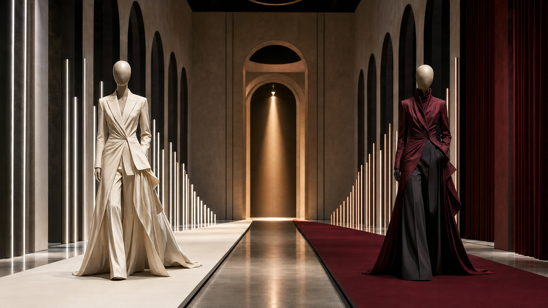 Original editorial image of two contrasting sculptural looks on parallel runways in a Milan-inspired venue