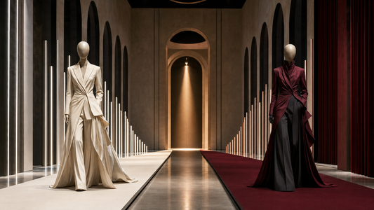 Original editorial image of two contrasting sculptural looks on parallel runways in a Milan-inspired venue