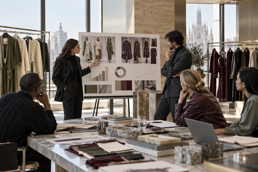 Fashion professionals reviewing unbranded collections and sales charts in a Milan studio