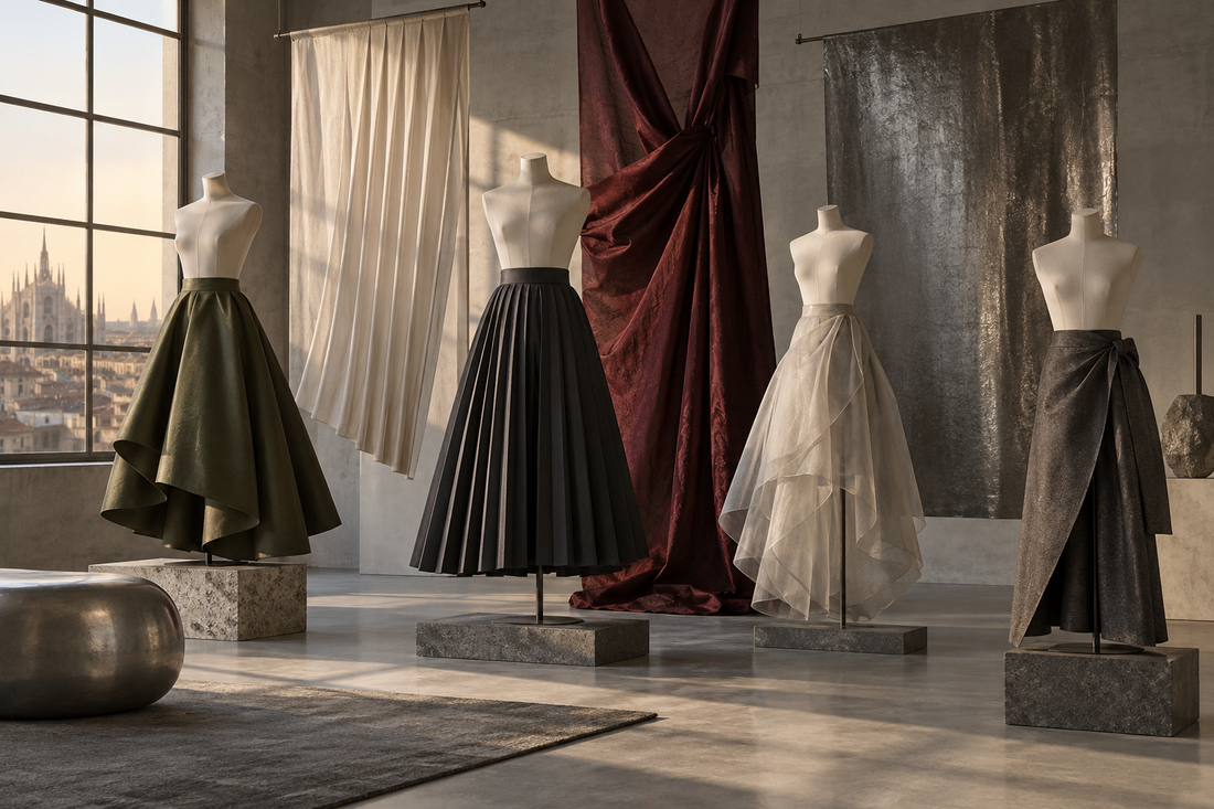 Conceptual Milan fashion studio displaying sculptural skirt silhouettes in pleated, A-line, wrap and sheer forms
