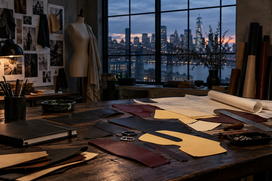 Original editorial image of leather pattern pieces in a New York accessories studio at blue hour