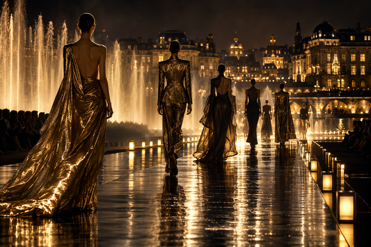 Original nocturnal Paris runway concept with anonymous figures in metallic gold tailoring