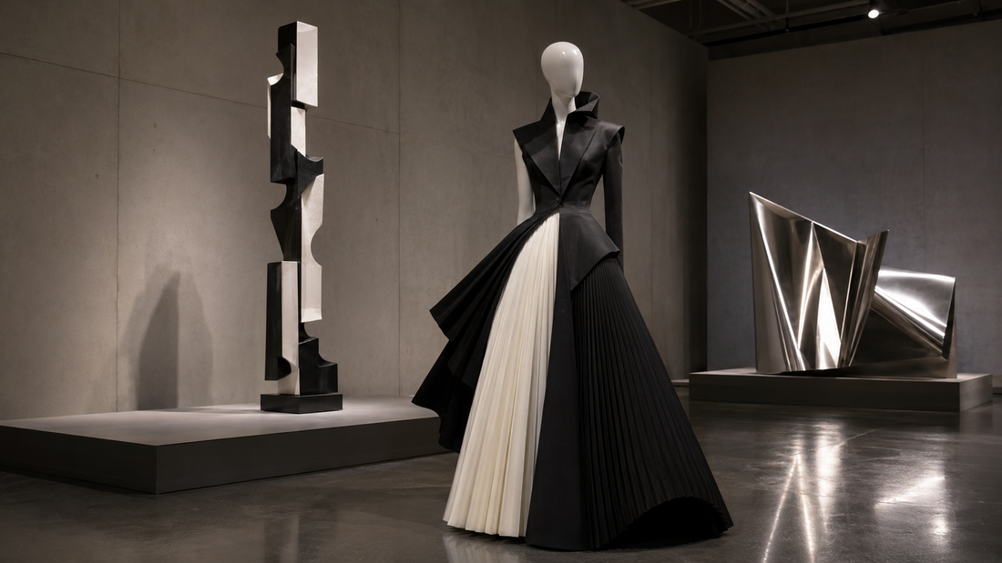 Original editorial image of an architectural black-and-white gown displayed between abstract sculptures in a modern gallery