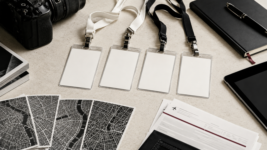 Original editorial still life of four blank fashion press passes, a camera, maps and travel documents