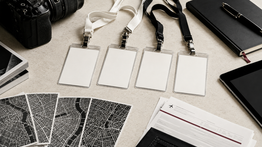 Original editorial still life of four blank fashion press passes, a camera, maps and travel documents