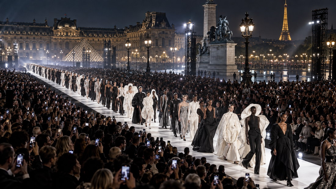 Original editorial image of a diverse Paris runway procession surrounded by an engaged fashion audience
