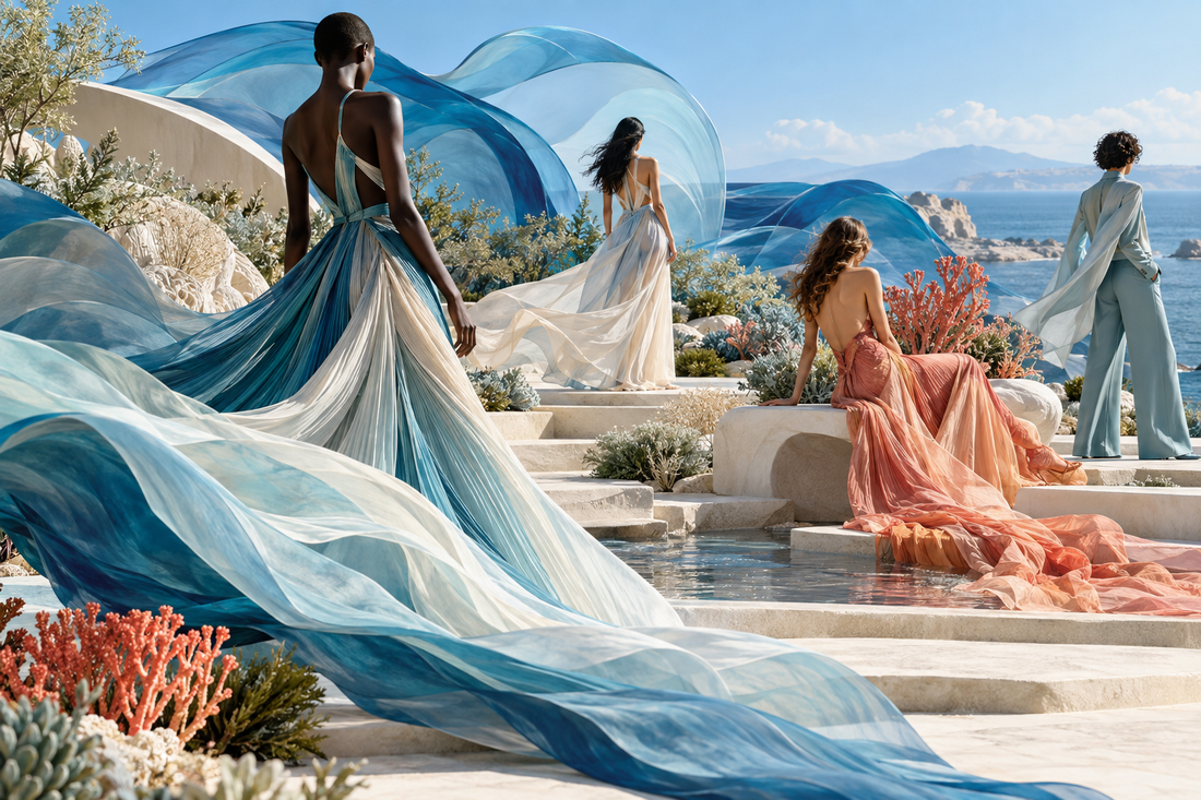 Original ocean-inspired fashion concept with flowing blue, white and coral textiles