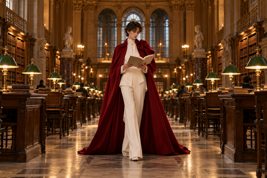 Anonymous model in an oxblood cape reading in a grand library-inspired runway setting