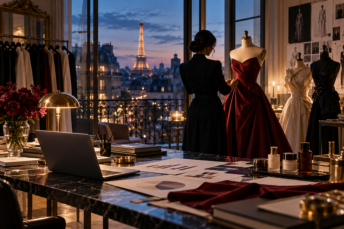 Anonymous designer reviews an oxblood evening gown in a Paris studio with business planning materials