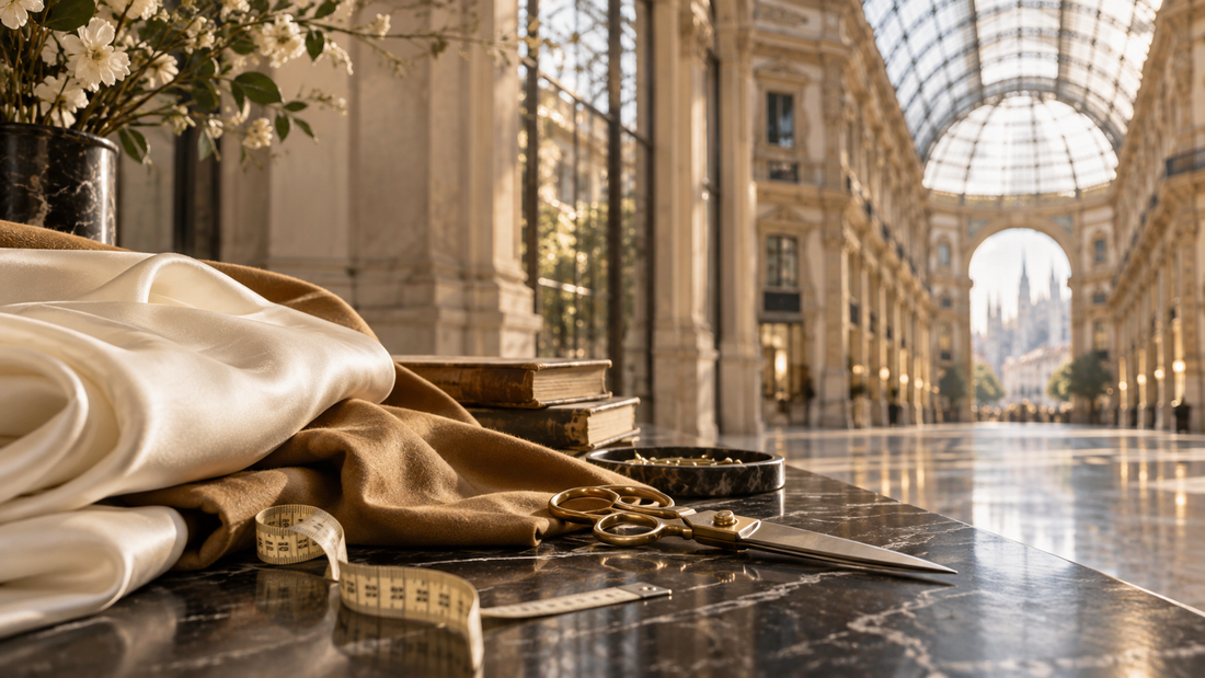 Conceptual Milan-inspired fashion editorial with fabric, tailoring tools and books; not the Vogue World event or venue