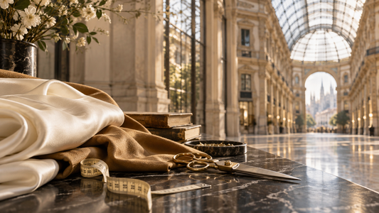 Conceptual Milan-inspired fashion editorial with fabric, tailoring tools and books; not the Vogue World event or venue
